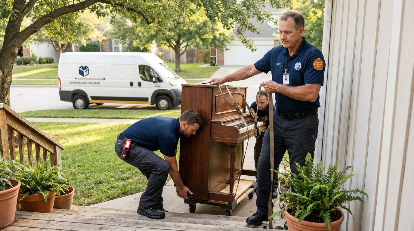 Licensed piano movers securing grand piano in Voorhees, NJ